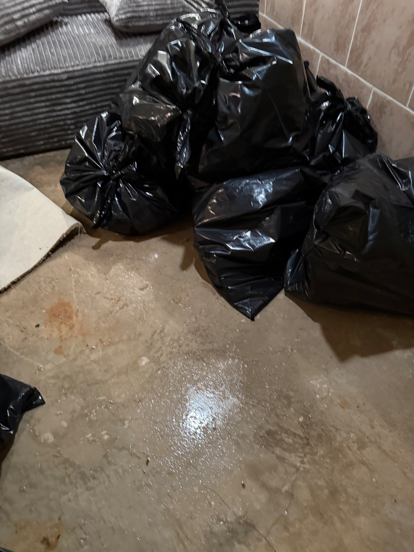 Bagged wet carpet and pad beside basement furniture during hot water tank burst cleanup in Central Ohio