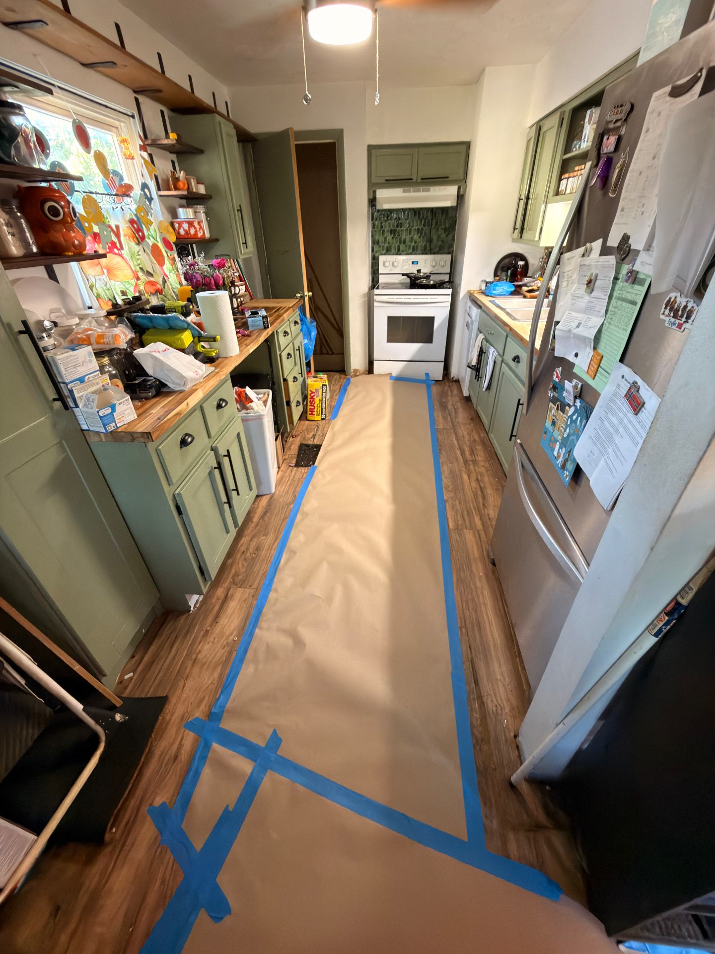 Kitchen floor protected during restoration work