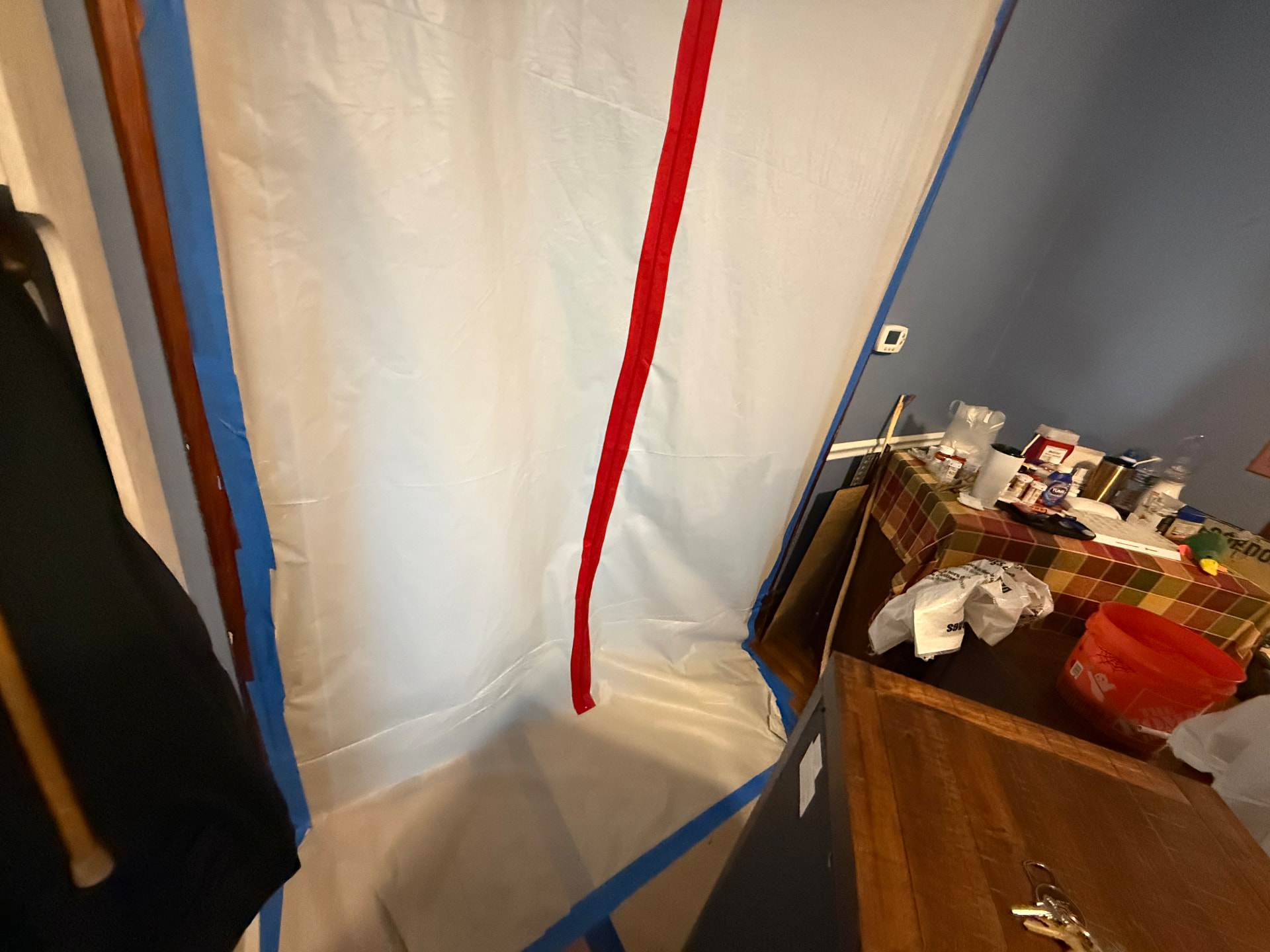 Sealed plastic containment with a zipper door protecting the rest of the home during mold removal